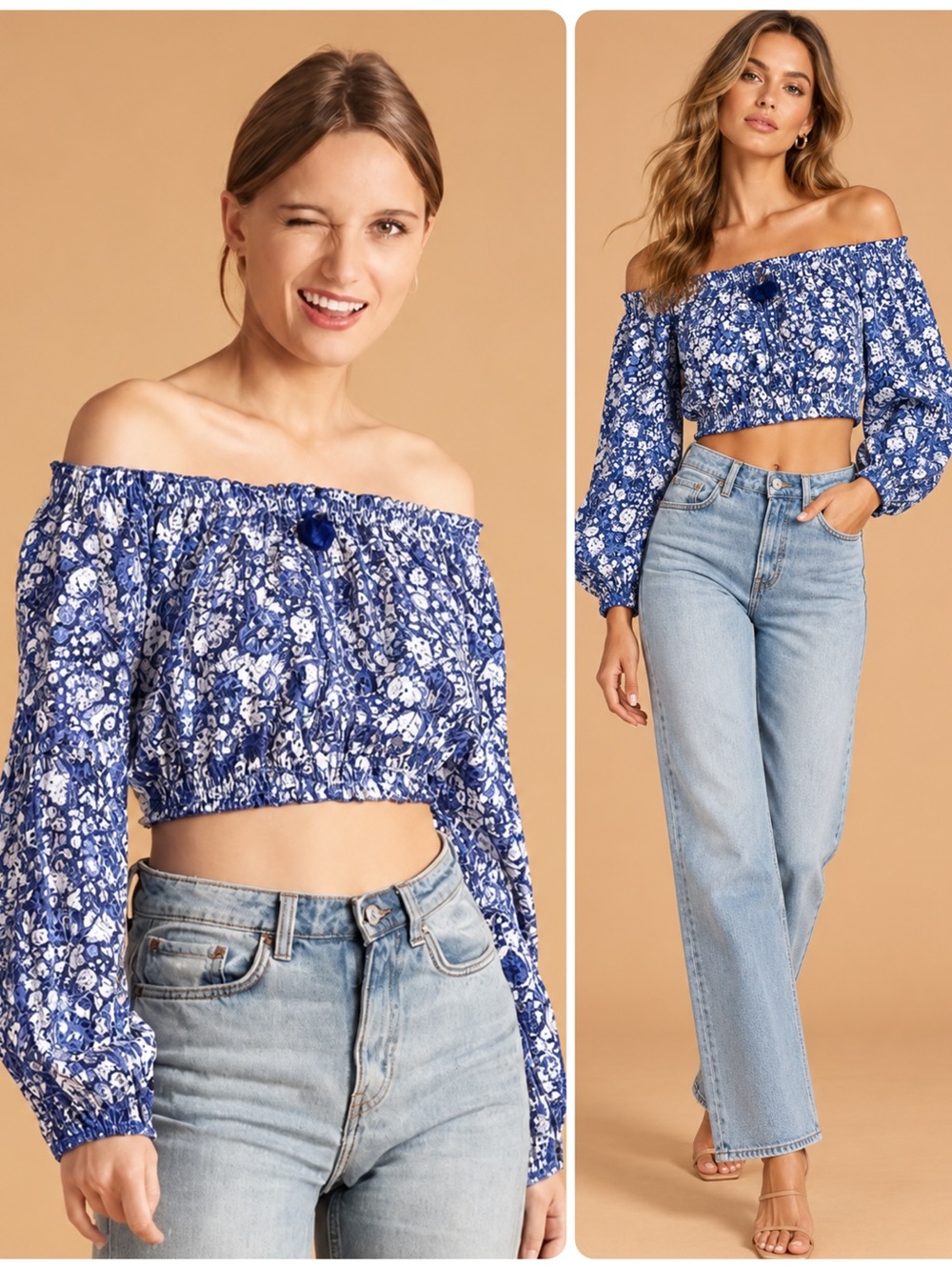 Poupette St. Barth Nana Viscose Floral Off-Shoulder Crop Blouse Top NWT $210
